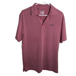 Under Armour Polo Shirt Men's Medium Red Striped Short Sleeve Loose Golf Top